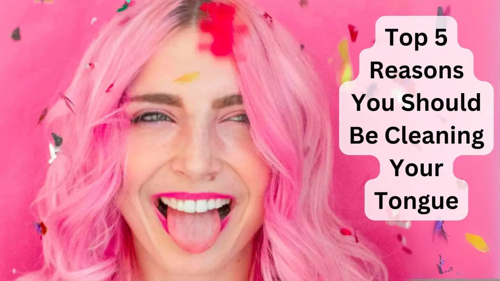 woman with pink hair on pink background showing tongue