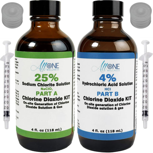 Two bottles of All One Wellness Chlorine Dioxide Kit with syringes on a white background
