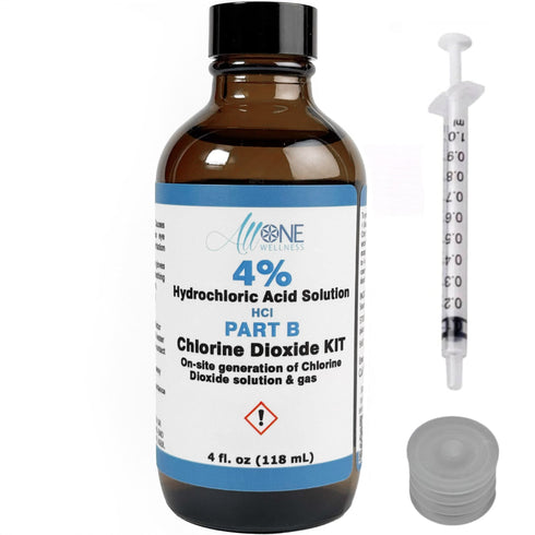 Bottle of 4% Hydrochloric Acid Solution with a syringe on a white background